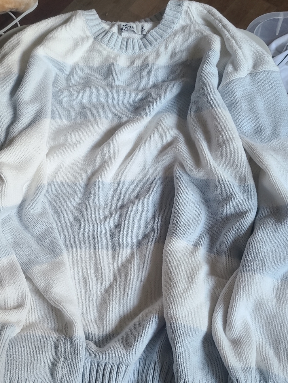 Hollister Light Blue and White Striped Crewneck Sweater